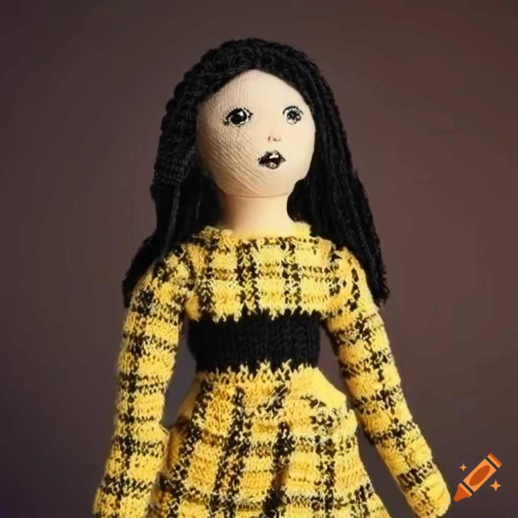 Cher Horowitz's iconic yellow plaid outfit as a knitted doll with goth elements