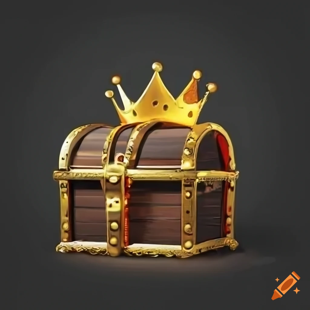 Treasure chest overflowing with gold coins and a crown