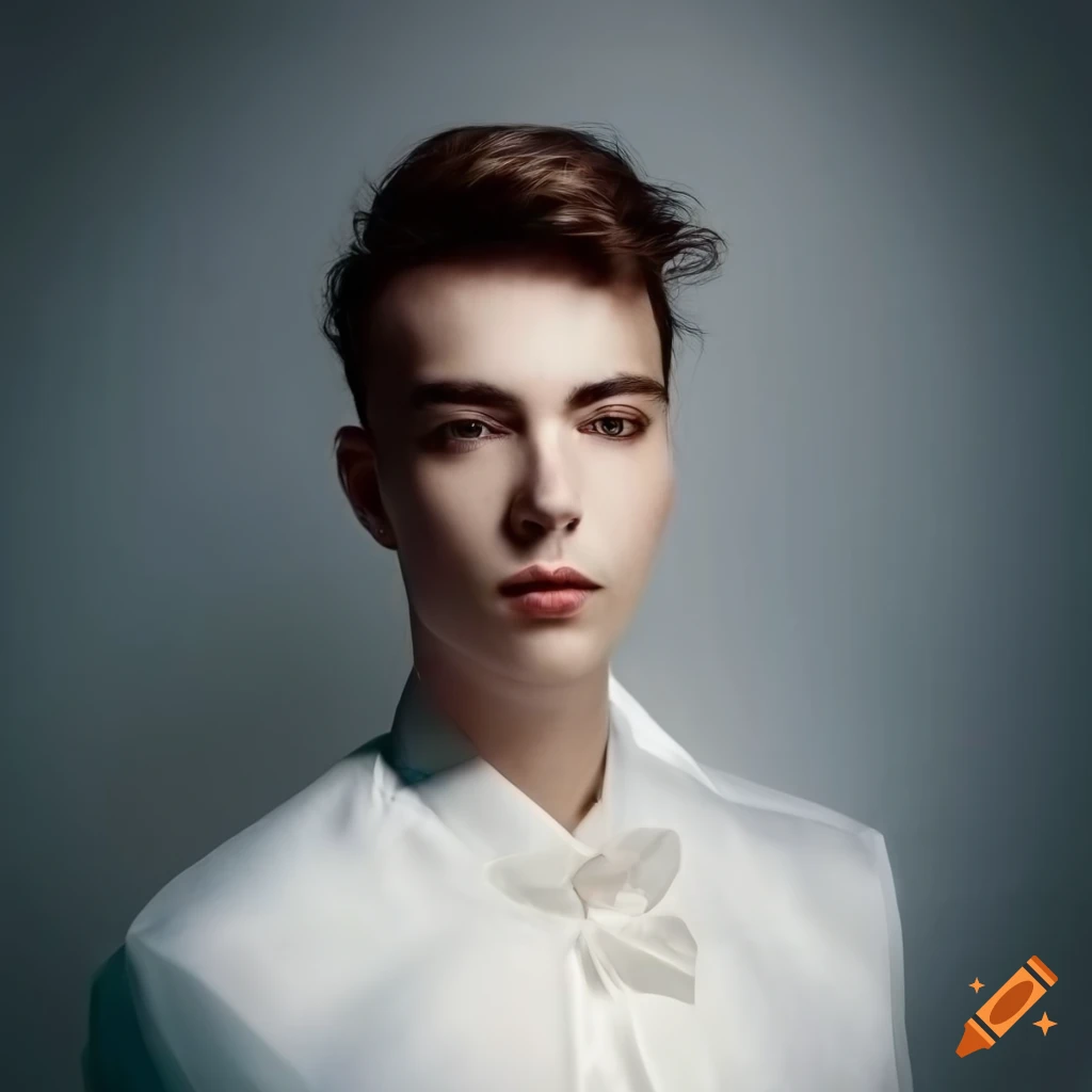 Portrait of a young man in a white satin wedding gown on Craiyon
