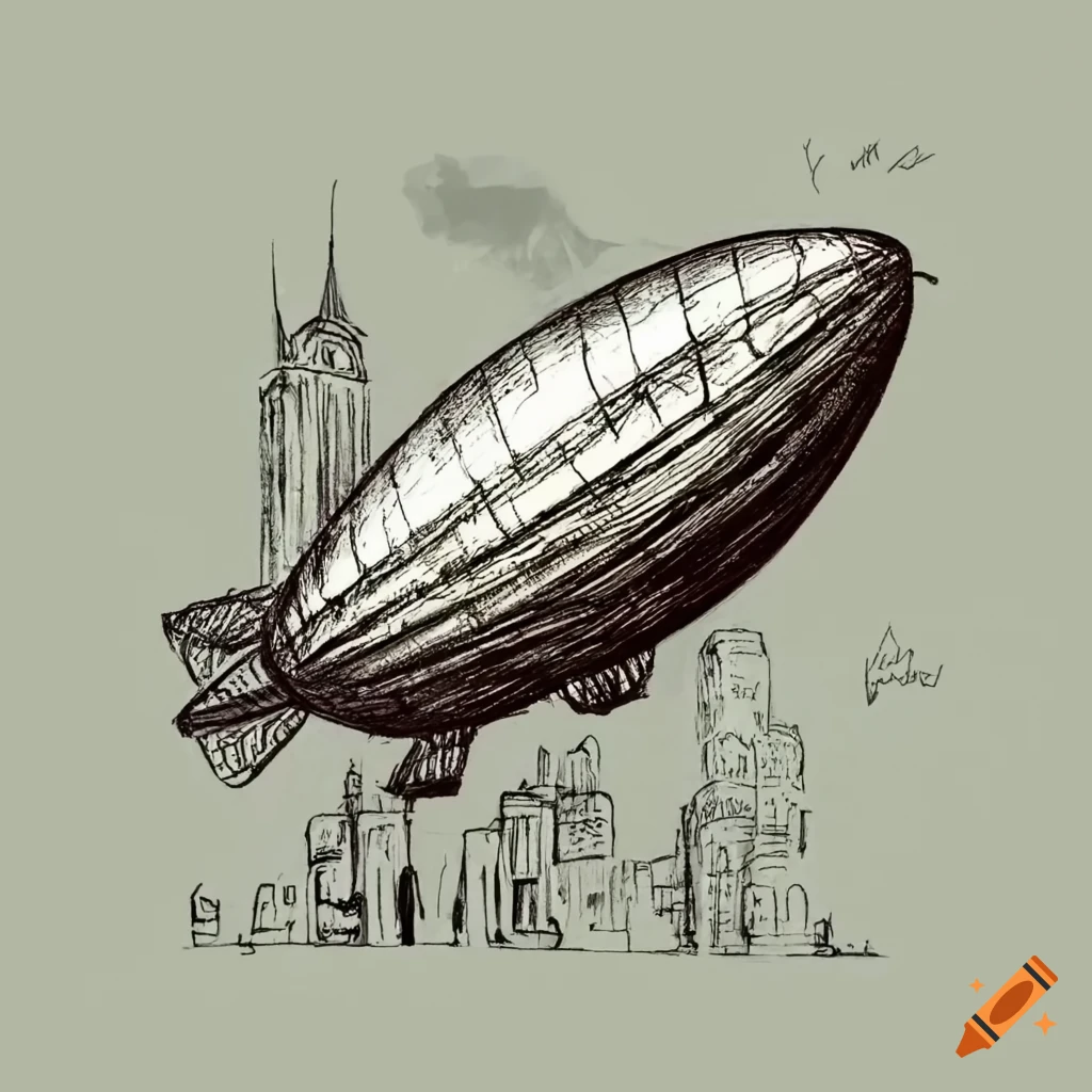 Vintage-style drawing of zeppelin with city backdrop