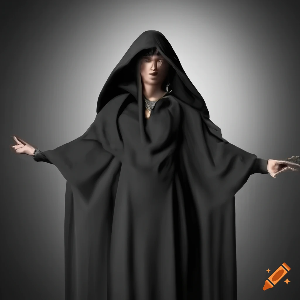 Aztec priestess in hooded robe behind a stone lectern