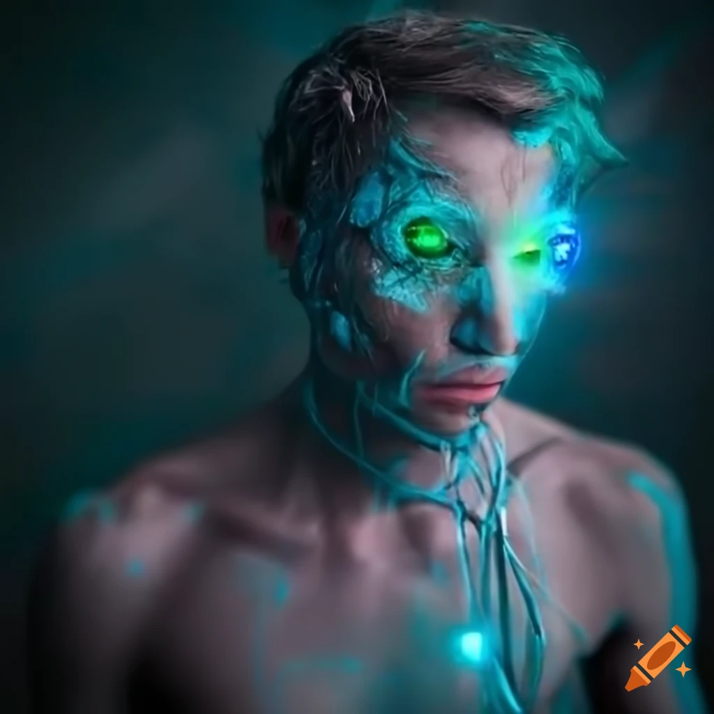 PhotoRealistic skinny male cyborg with optical fiber cables