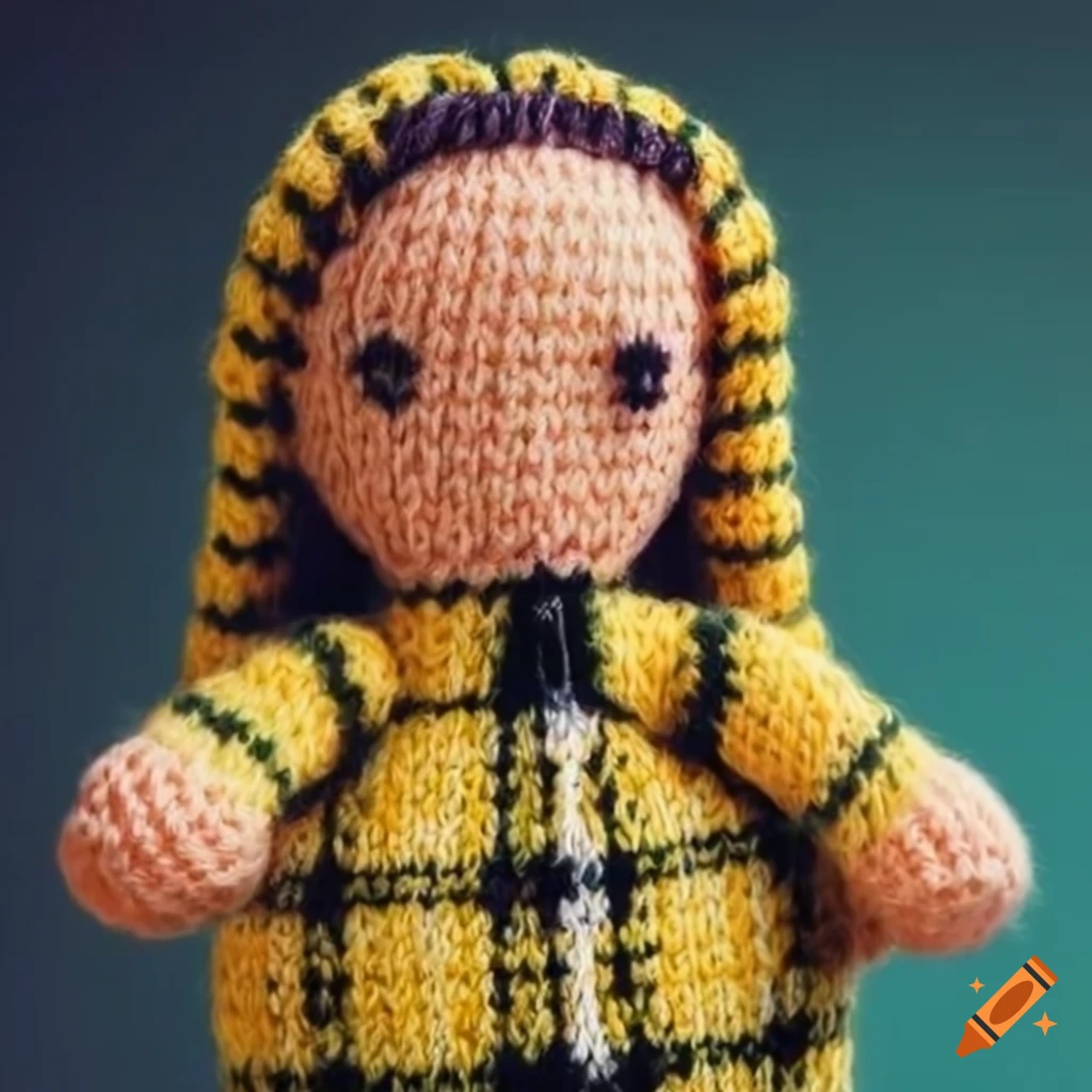 Cher Horowitz's iconic yellow plaid outfit as a knitted doll with goth elements