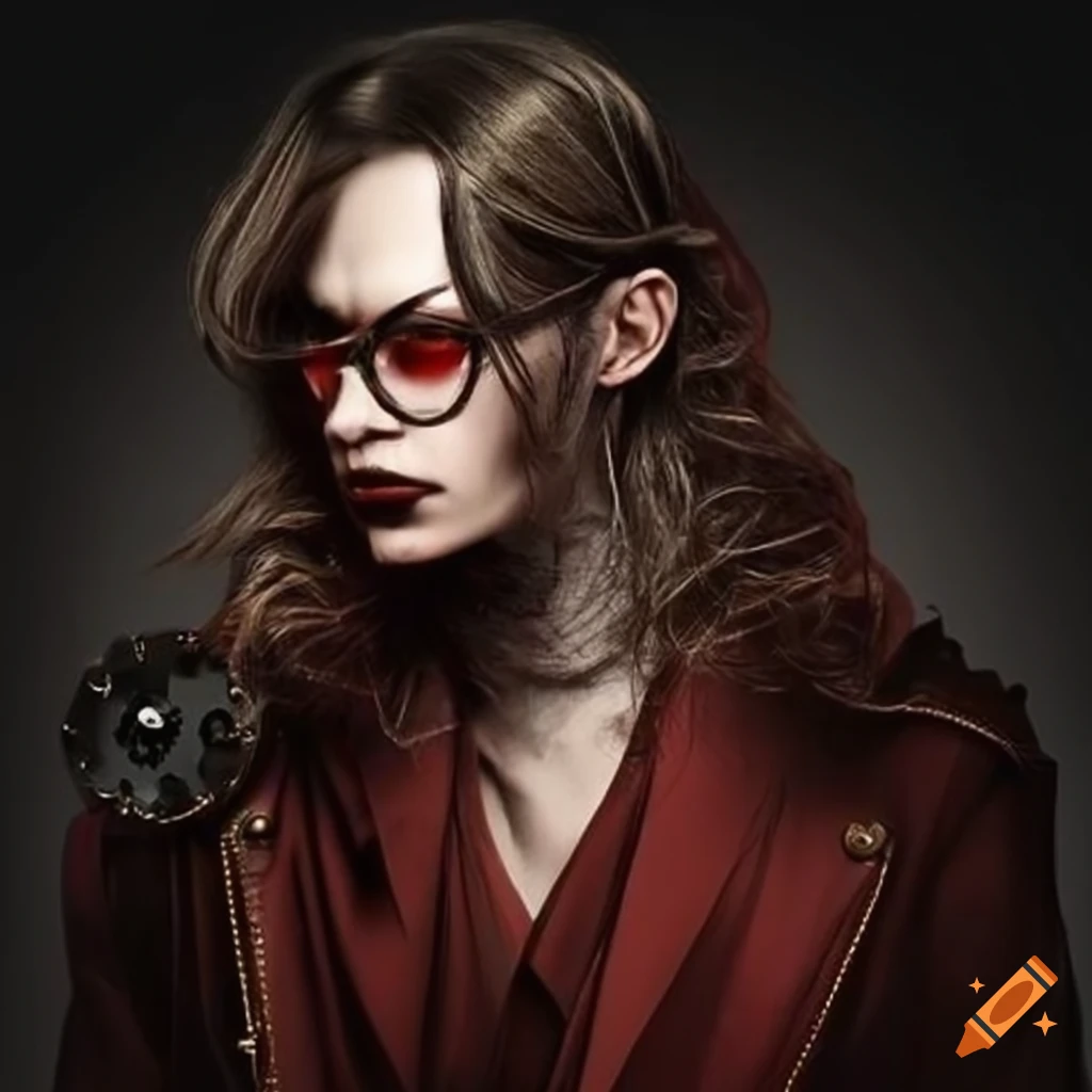 Stylish male Toreador vampire with long brown hair and steampunk sunglasses