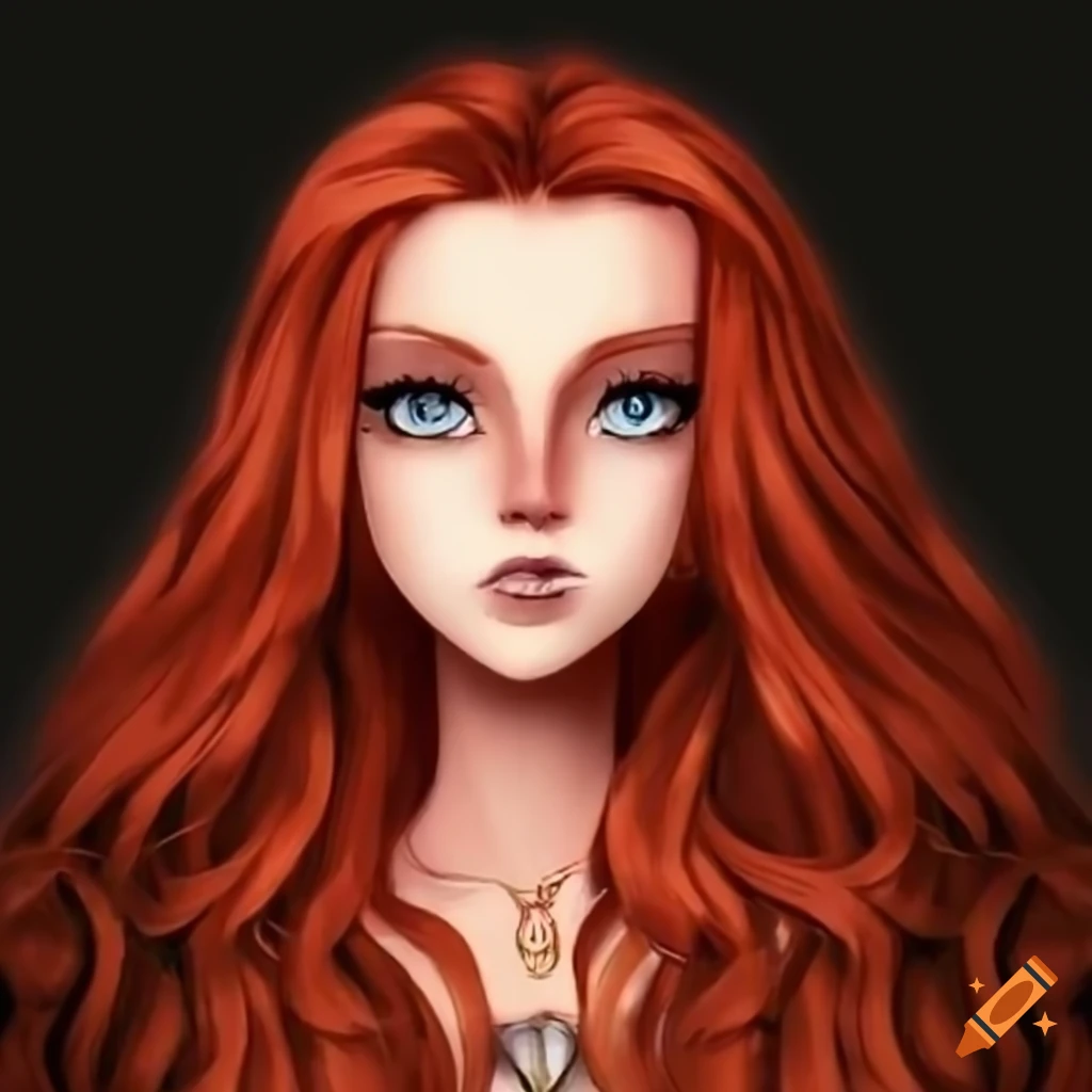 Animated princess with red hair, silver eyes, and pale skin