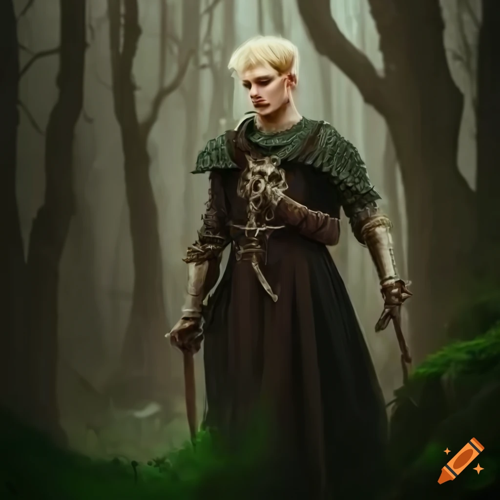 Young man cleric in chain armor hunting witch in dark forest