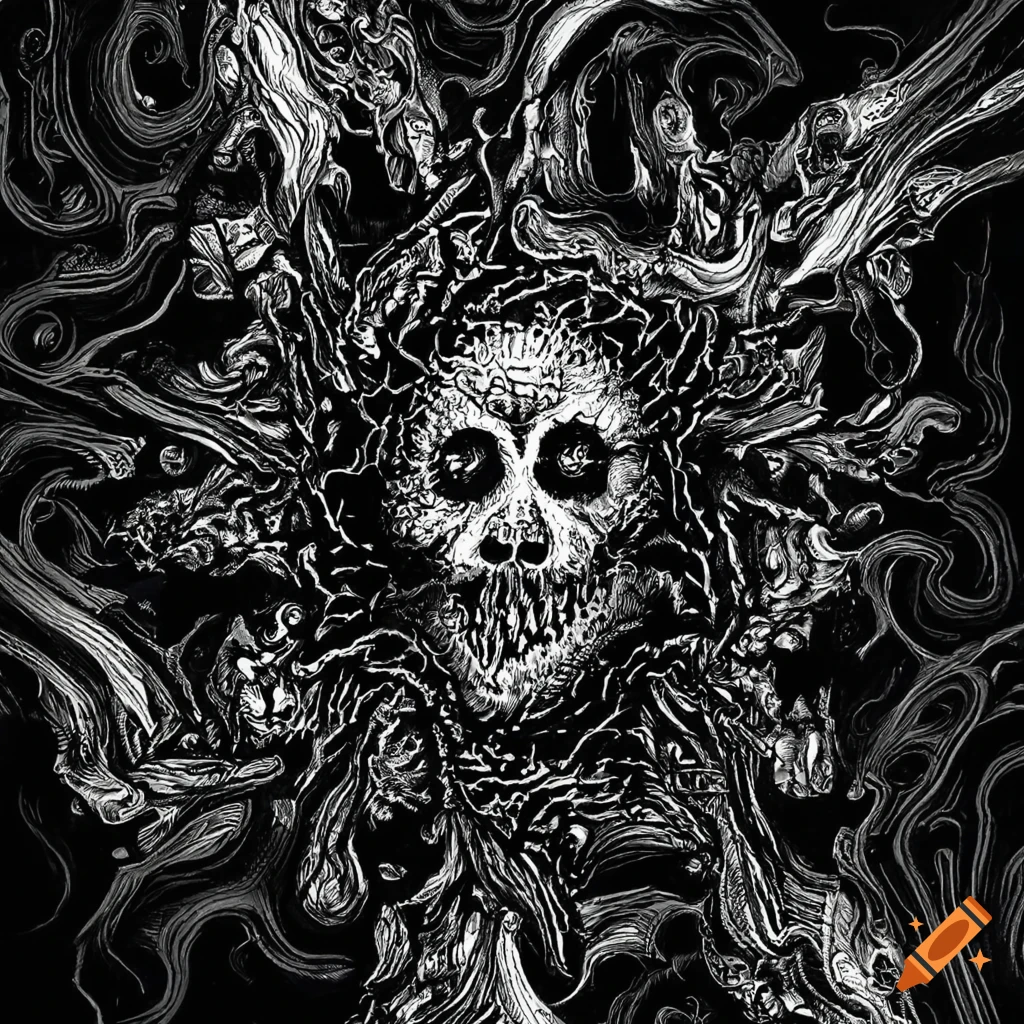 Intricate black and white ink nightmare fuel drawing