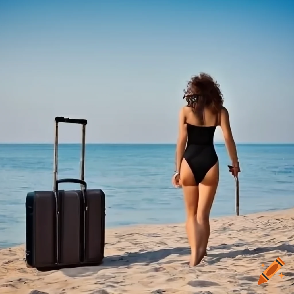 Poster for 'In ferie a tempo indeterminato': Italian woman in a black swimsuit at the seashore with a suitcase