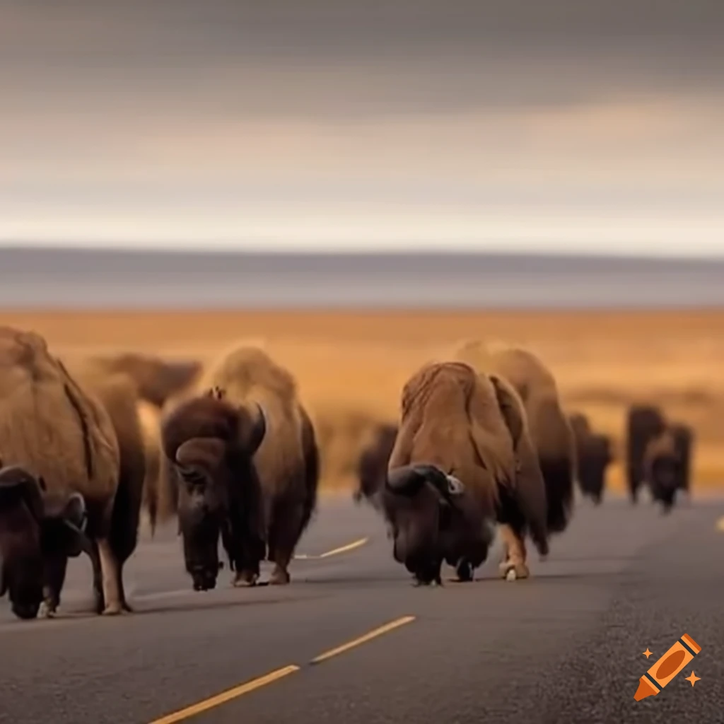 Herd of bison on a highway