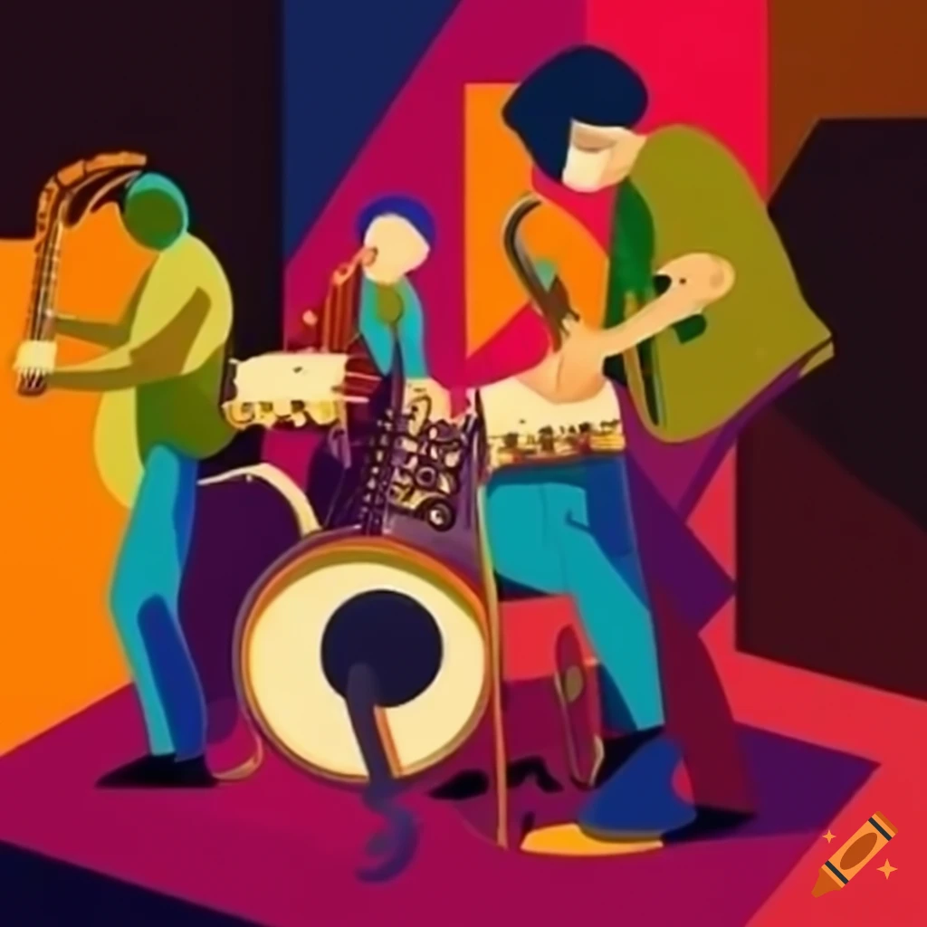 Vibrant jazz scene with expressive musicians and instruments inspired by Van Gogh