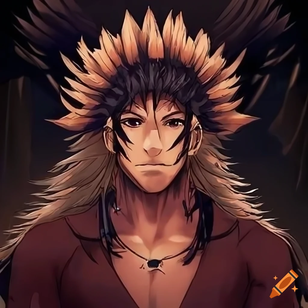 Anime-style Native American men in feathered attire