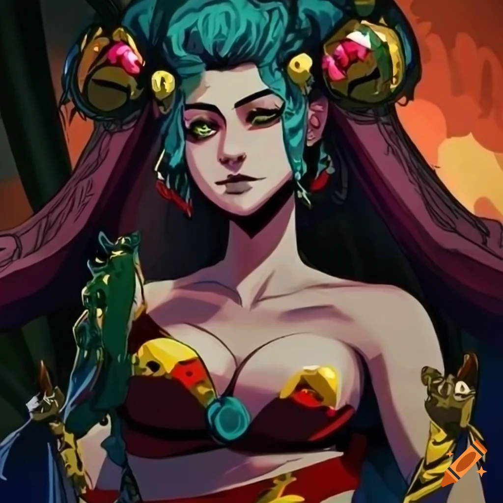 Woman in the graphic style of hades video game portraying at goddess