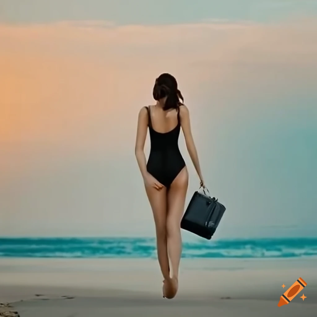 Poster for 'In ferie a tempo indeterminato': Italian woman in a black swimsuit at the seashore with a suitcase
