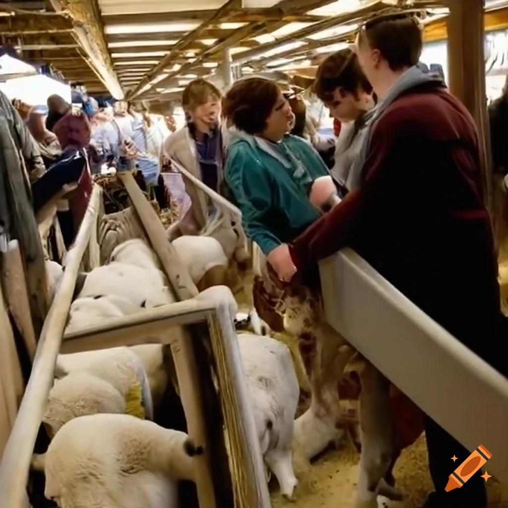 College students using Salter lamb weighing scales at a livestock auction mart