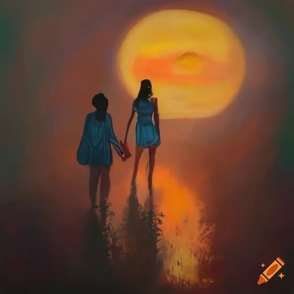 Two female figures walking towards the sunrise in an artsy painting