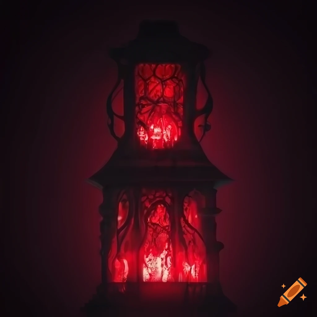 Gothic lantern emitting red light in a dark fantasy setting