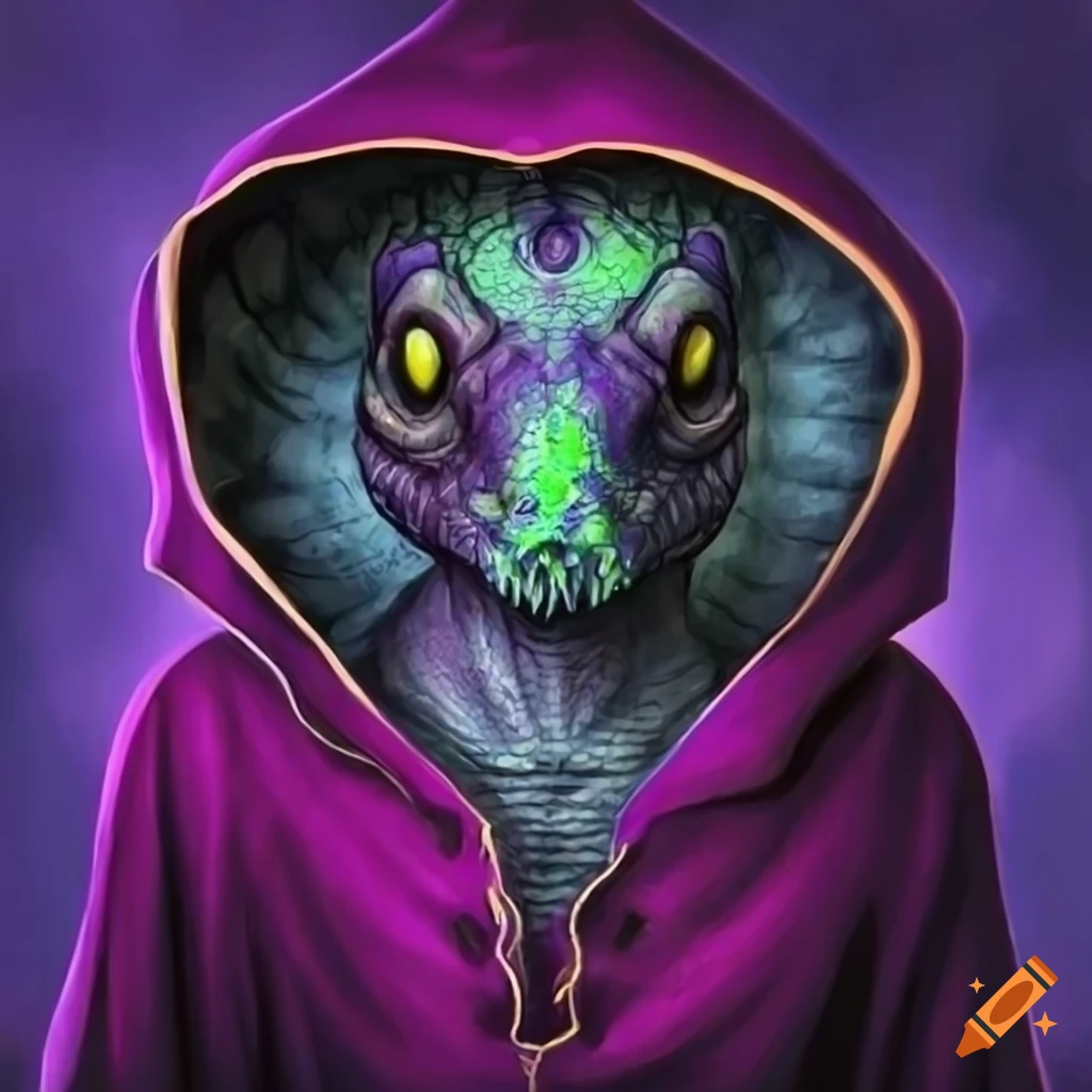 Grim fantasy lizard in black and purple hood facing the viewer