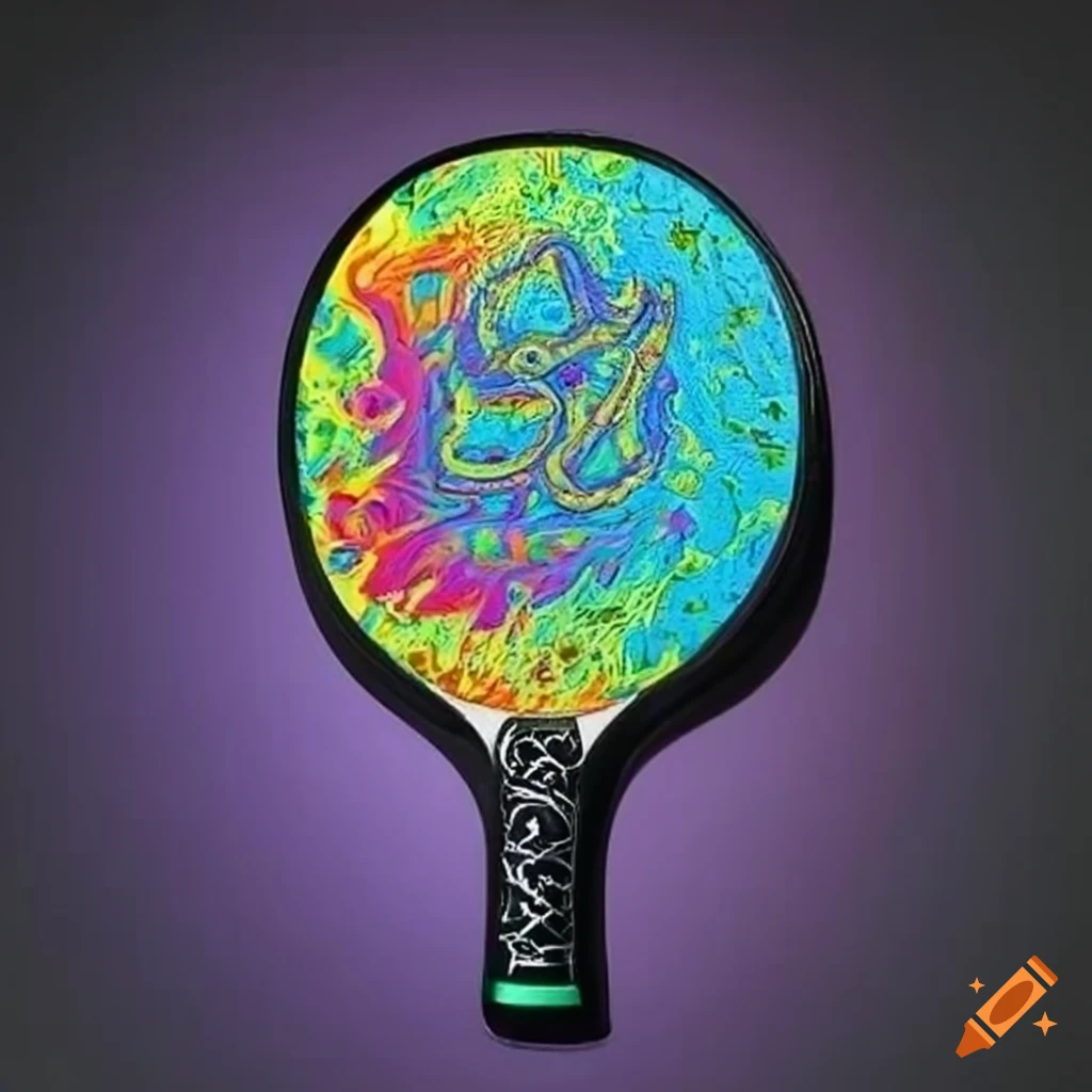 Vibrant pickleball racquet in psychedelic colors with 'Grateful Dills' text
