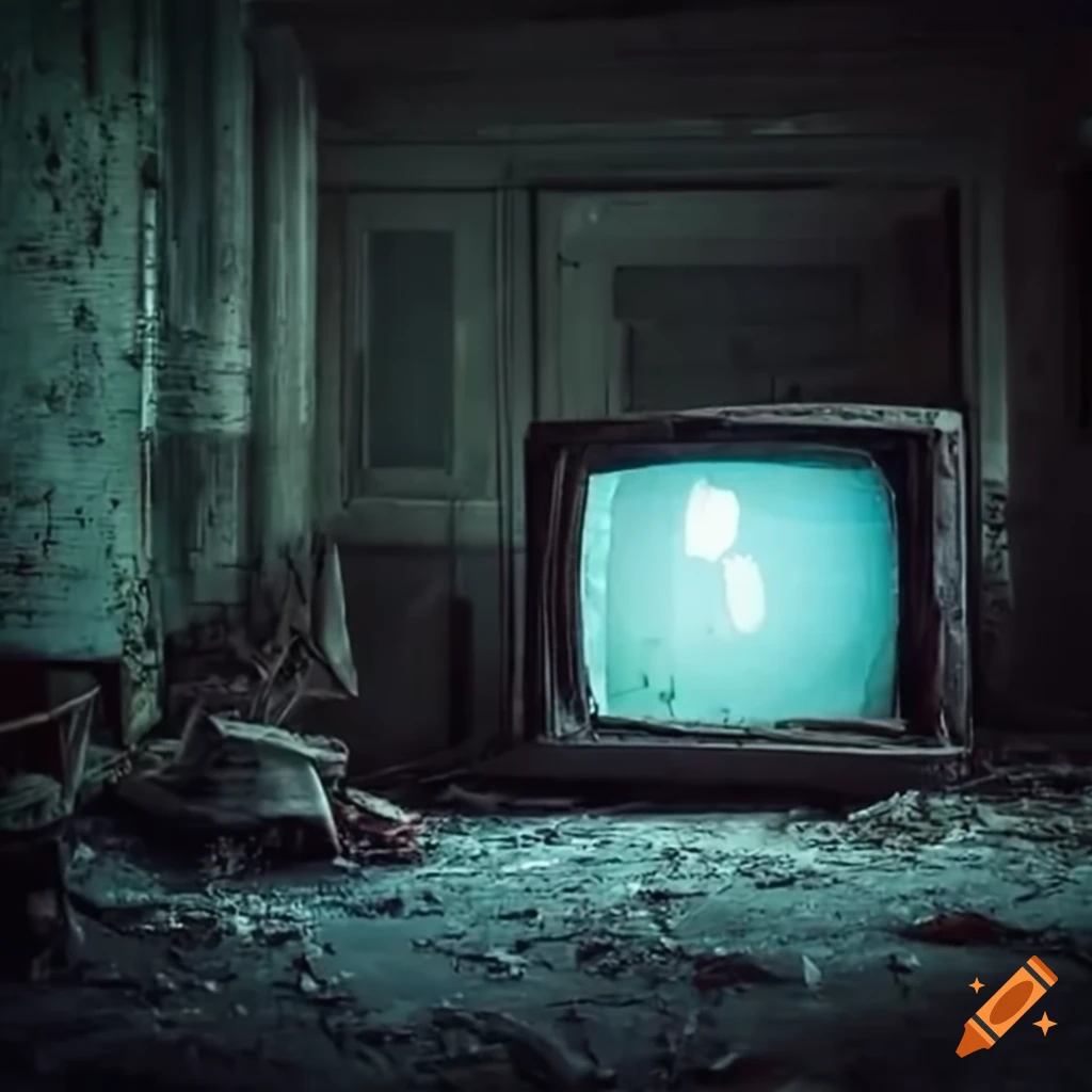 Dark abandoned warehouse with an old TV