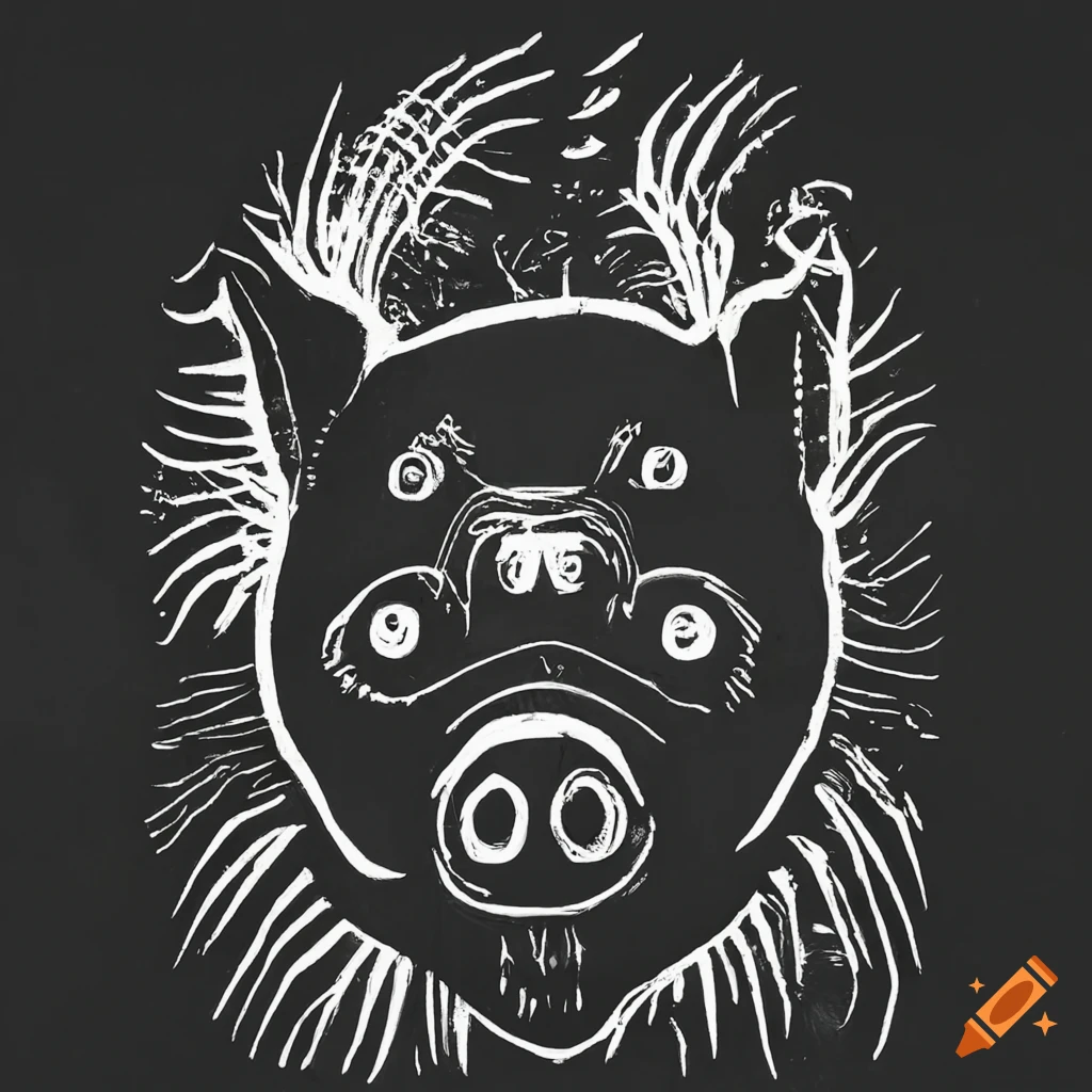 Black and white pig-faced devil linocut etching with evil eyes