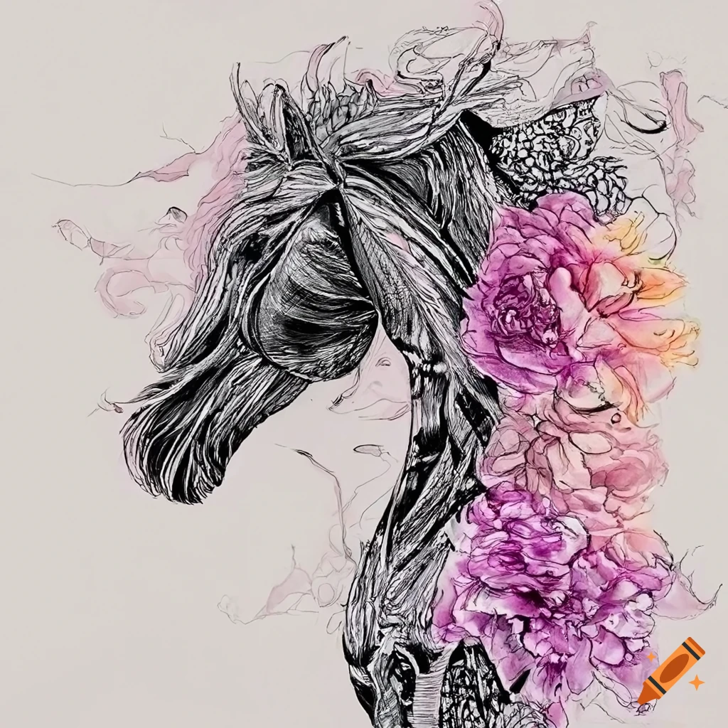 Abstract sketch of a horse transforming into vibrant peony flowers in fire and water