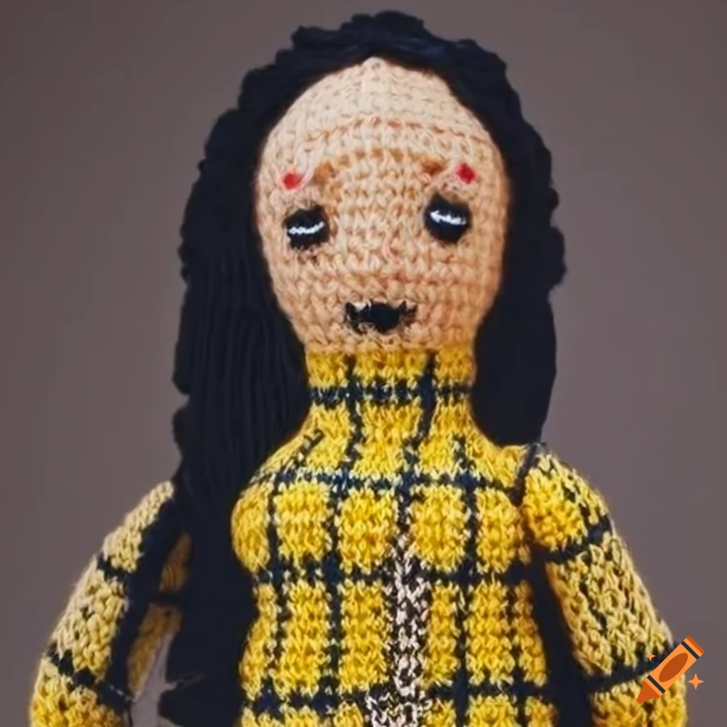 Cher Horowitz's iconic yellow plaid outfit as a knitted doll with goth elements