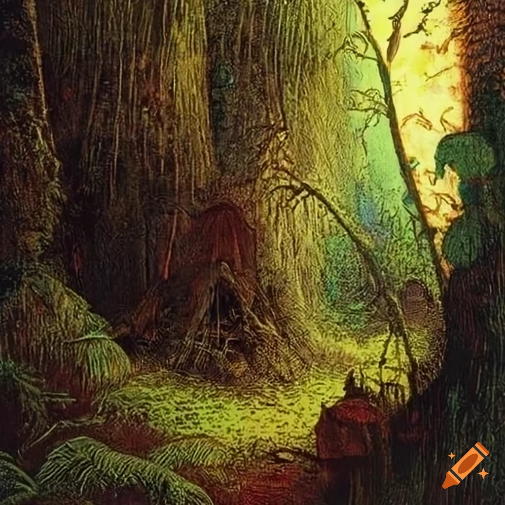Rainforest jungle with deathmask vines inspired by various artists