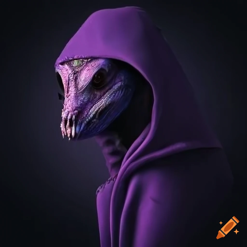 Frightening black and purple lizard in a hood in a fantasy setting