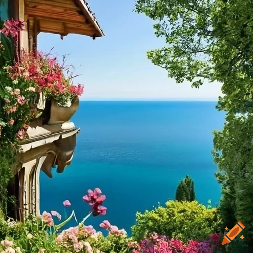 Vintage hillside house overlooking the sea with a garden full of flowers and a gazebo