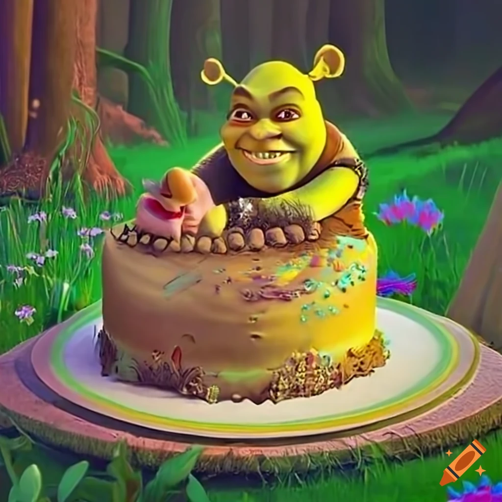 Shrek and Winnie the Pooh enjoying a cake in a sun-dappled meadow
