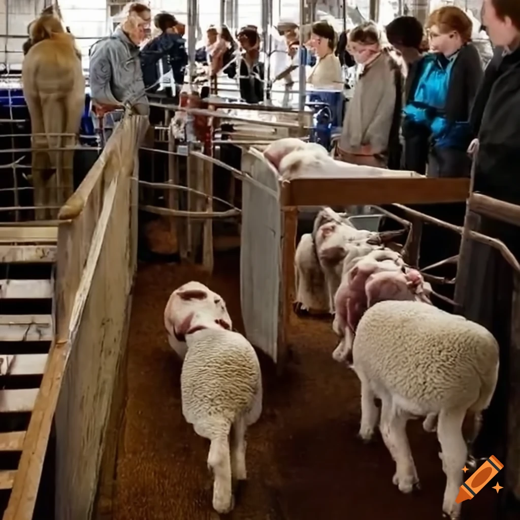 College students using Salter lamb weighing scales at a livestock auction mart