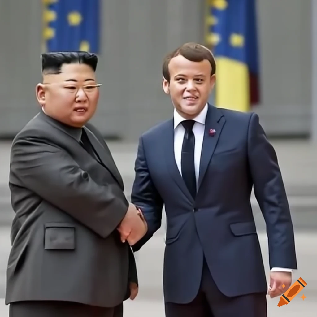 Diplomatic handshake between Kim Jong Un and Emmanuel Macron