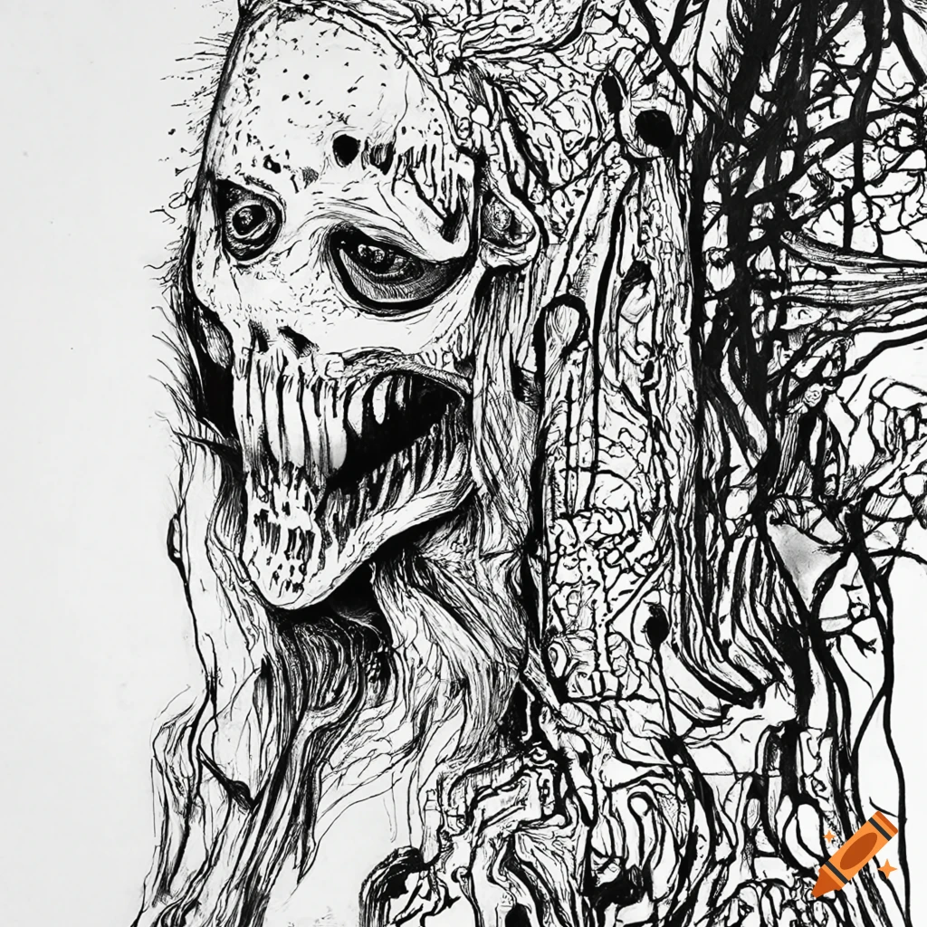 Intricate black and white ink drawing of a ghost woman
