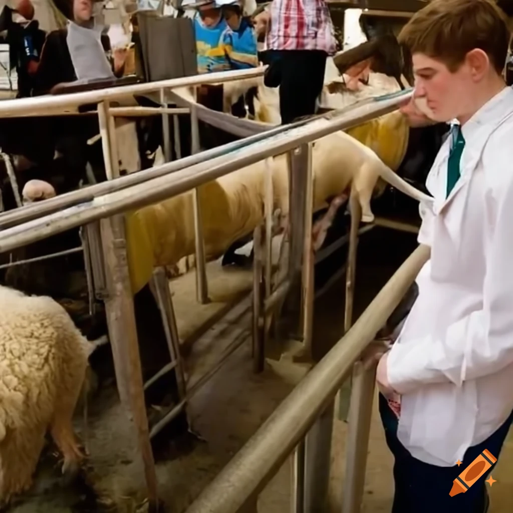 College students using Salter lamb weighing scales at a livestock auction mart