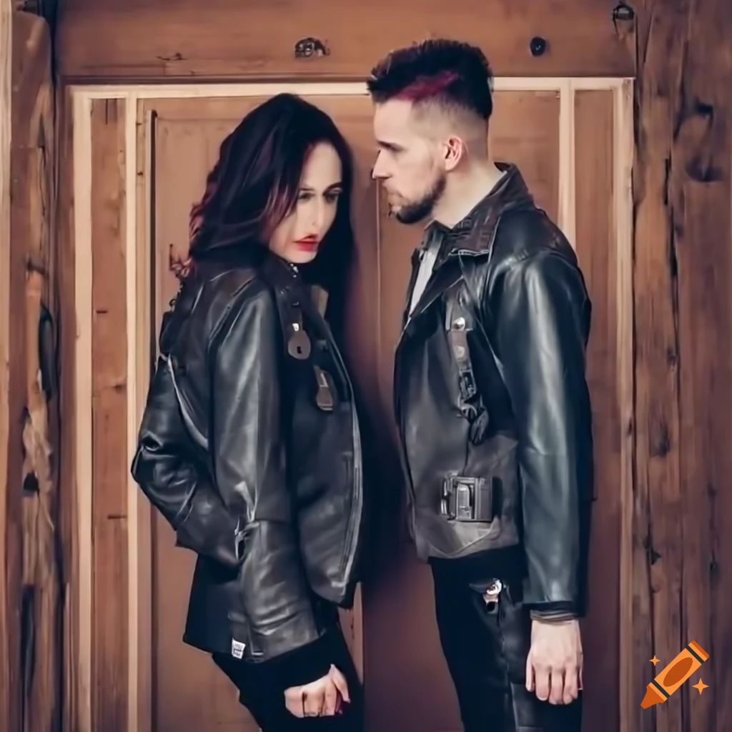 English punk rocker women in black leather attire standing in a barn doorway