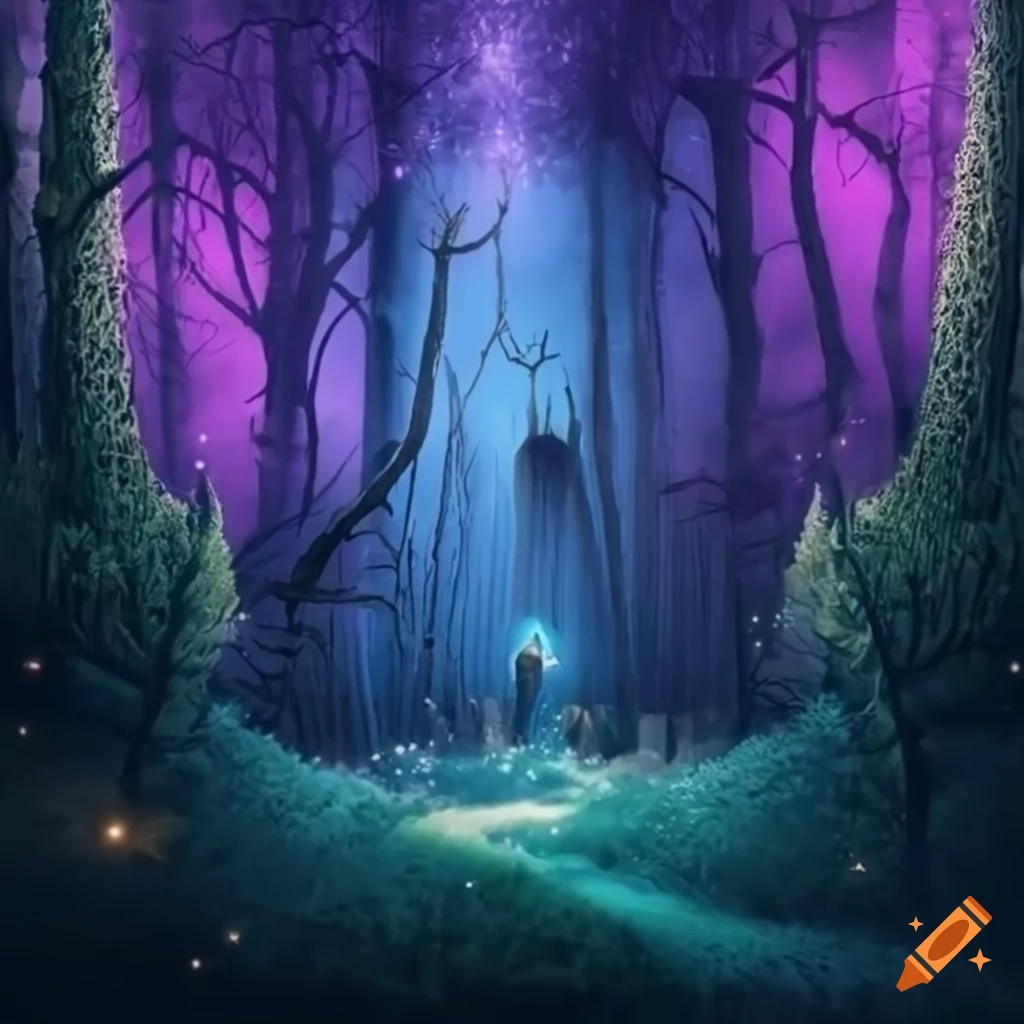 Floresta mágica à noite com fadas, unicórnios e árvores coloridas