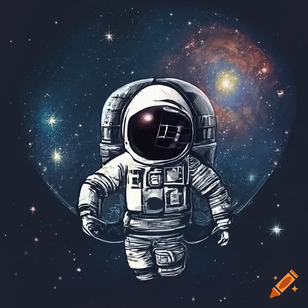 Space shuttle and astronaut drifting in space with starry background