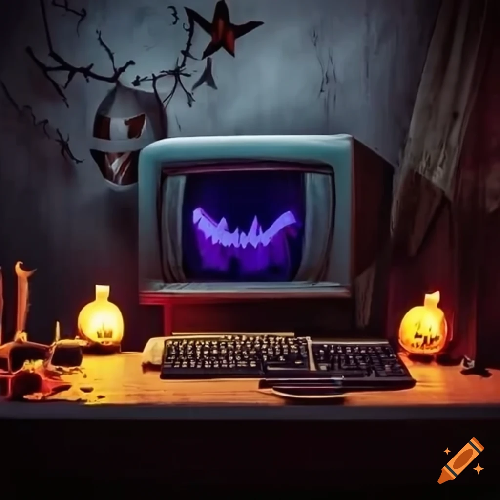 Halloween-themed room with old computer