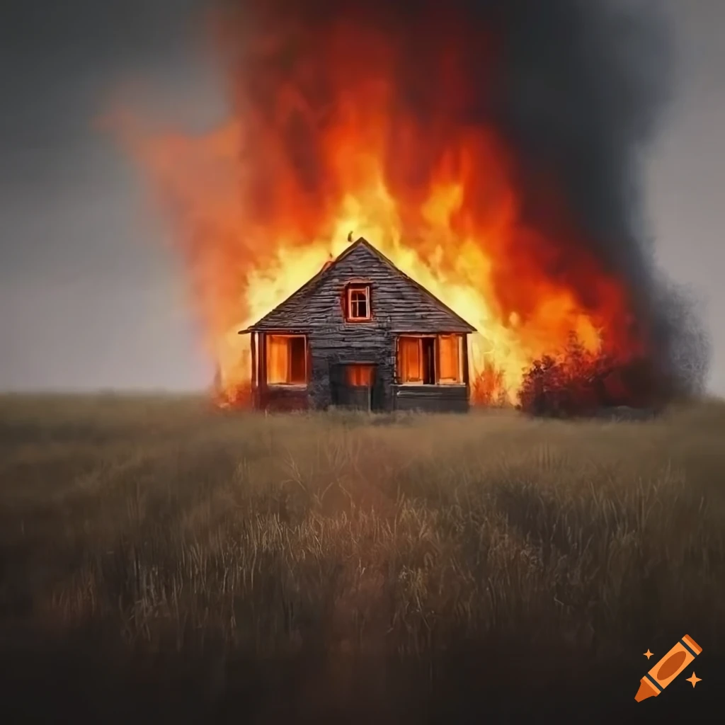 Burning house in a field under overcast skies in hyperrealism style