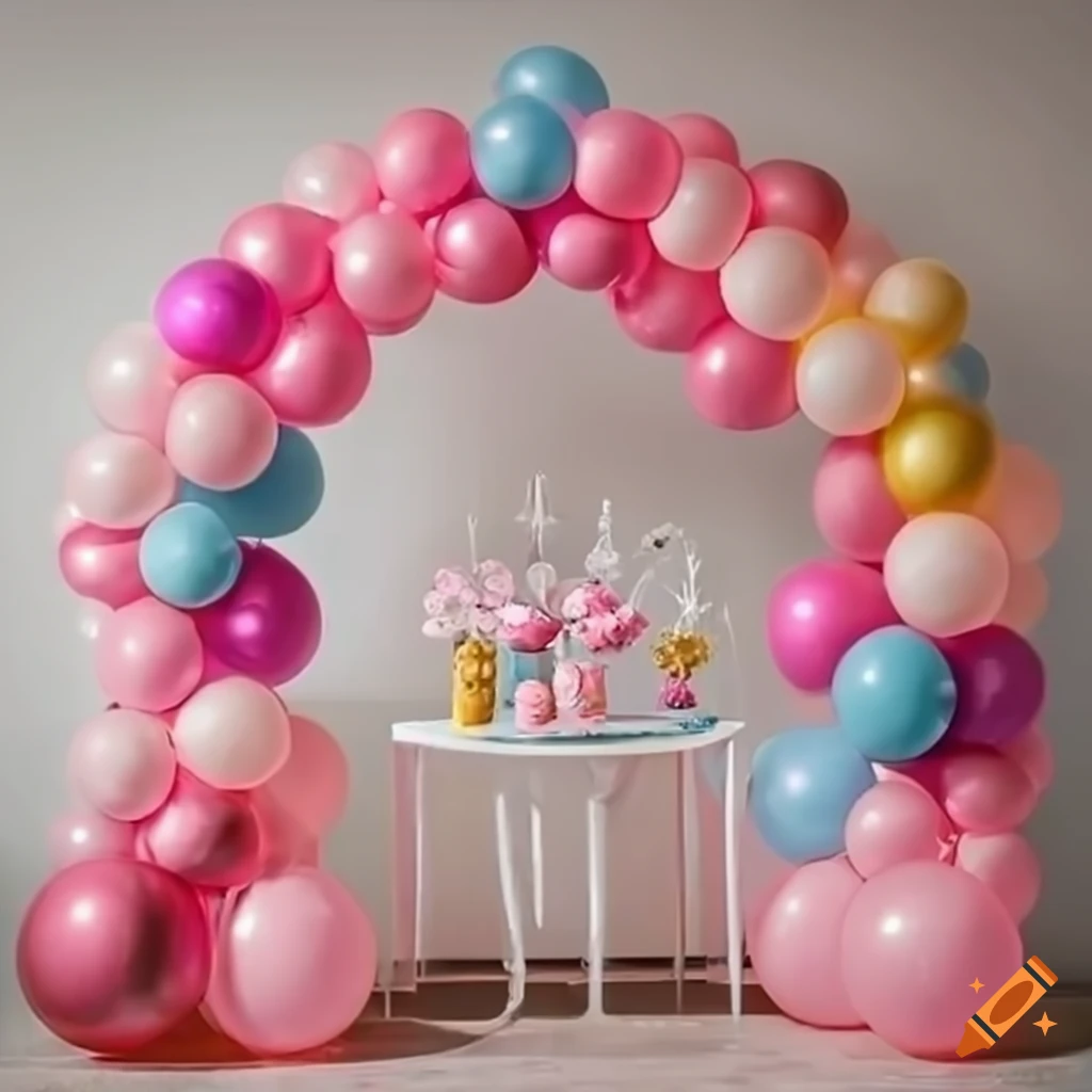 Festive decoration with pink and gold balloon arch, sweet table, and beautiful pool in the background