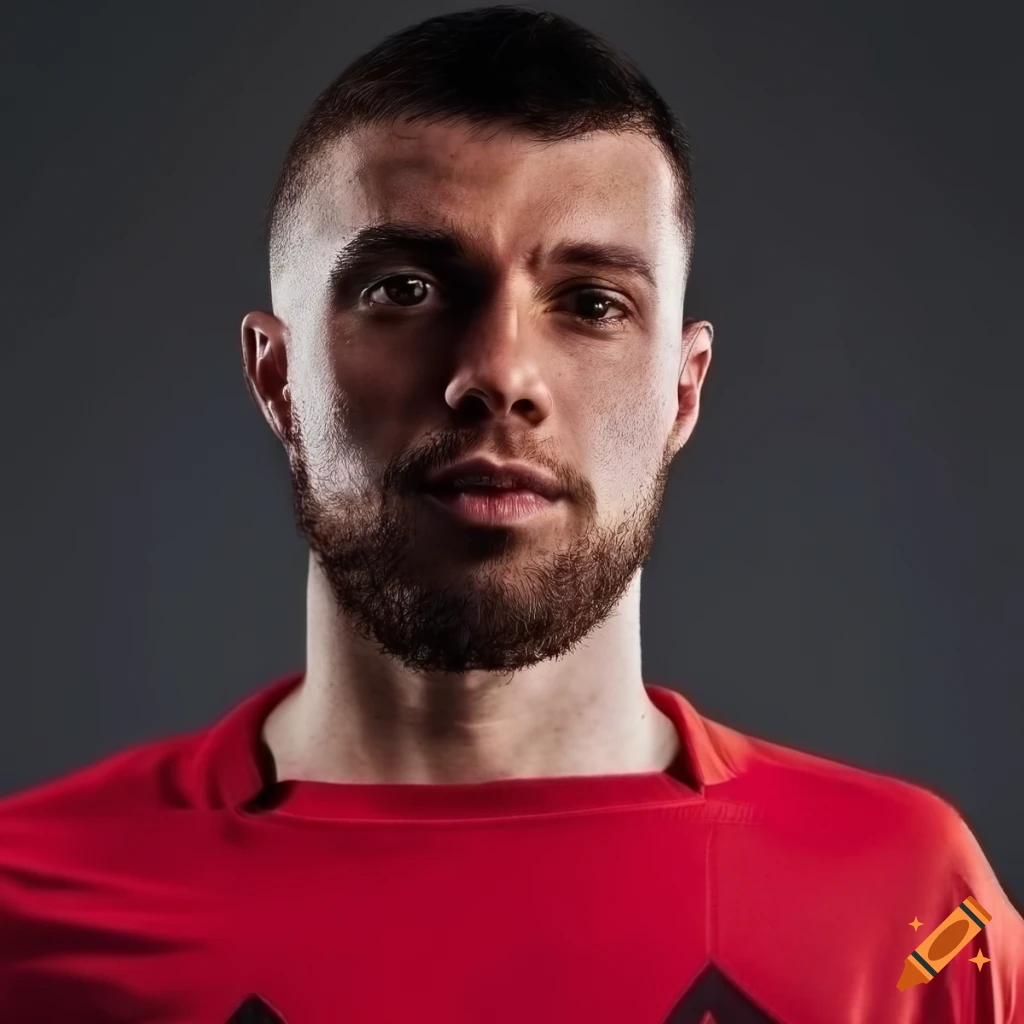 Athletic male soccer player in red and black shirt