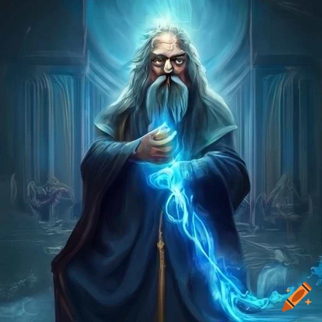 Wizard with a powerful magic staff in blue fantasy art