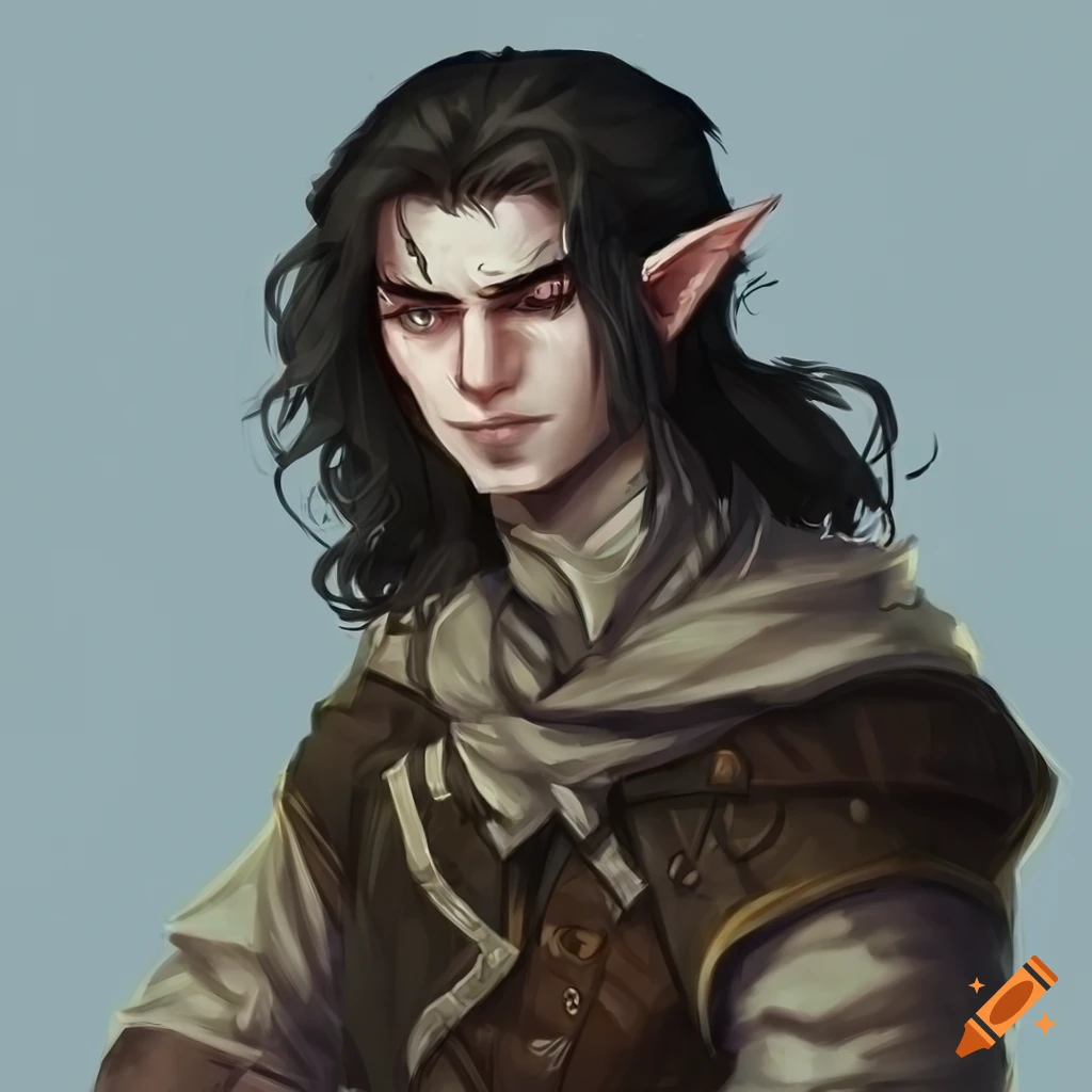 Male half-elf ranger with black tousled hair and grey eyes