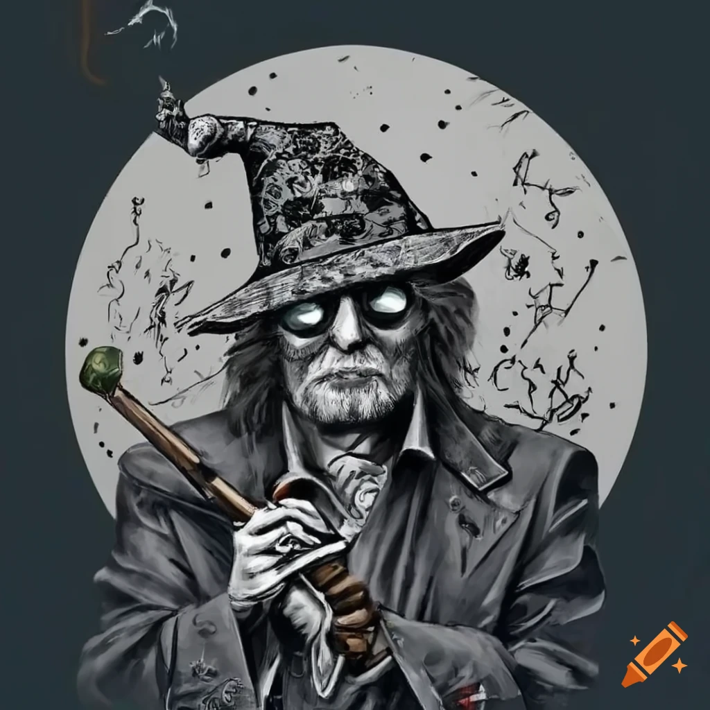 Realistic black and white dot art graffiti of a mystic wizard with sunglasses and a smoking herb staff in a duskwood