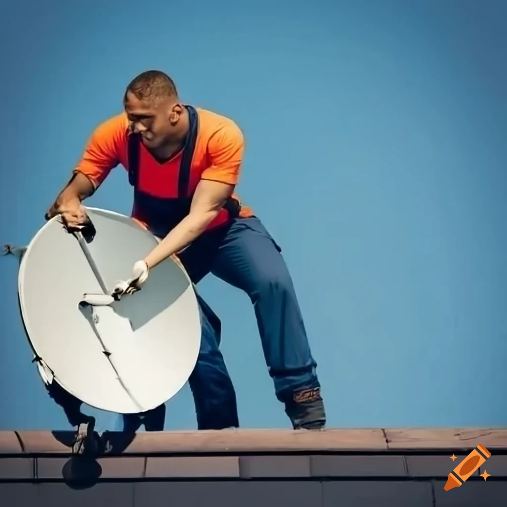 Technician installing a satellite dish on rooftop against clear sky
