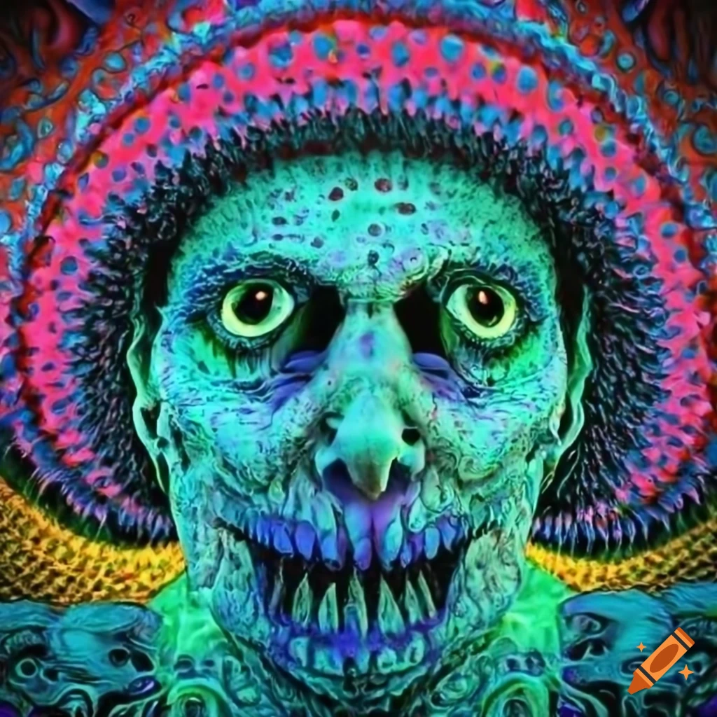 Psychedelic close-up of evil grinning mushroom face