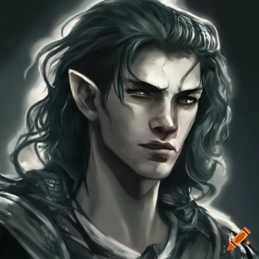 Male half-elf fighter portrait with black tousled hair and brown eyes ...