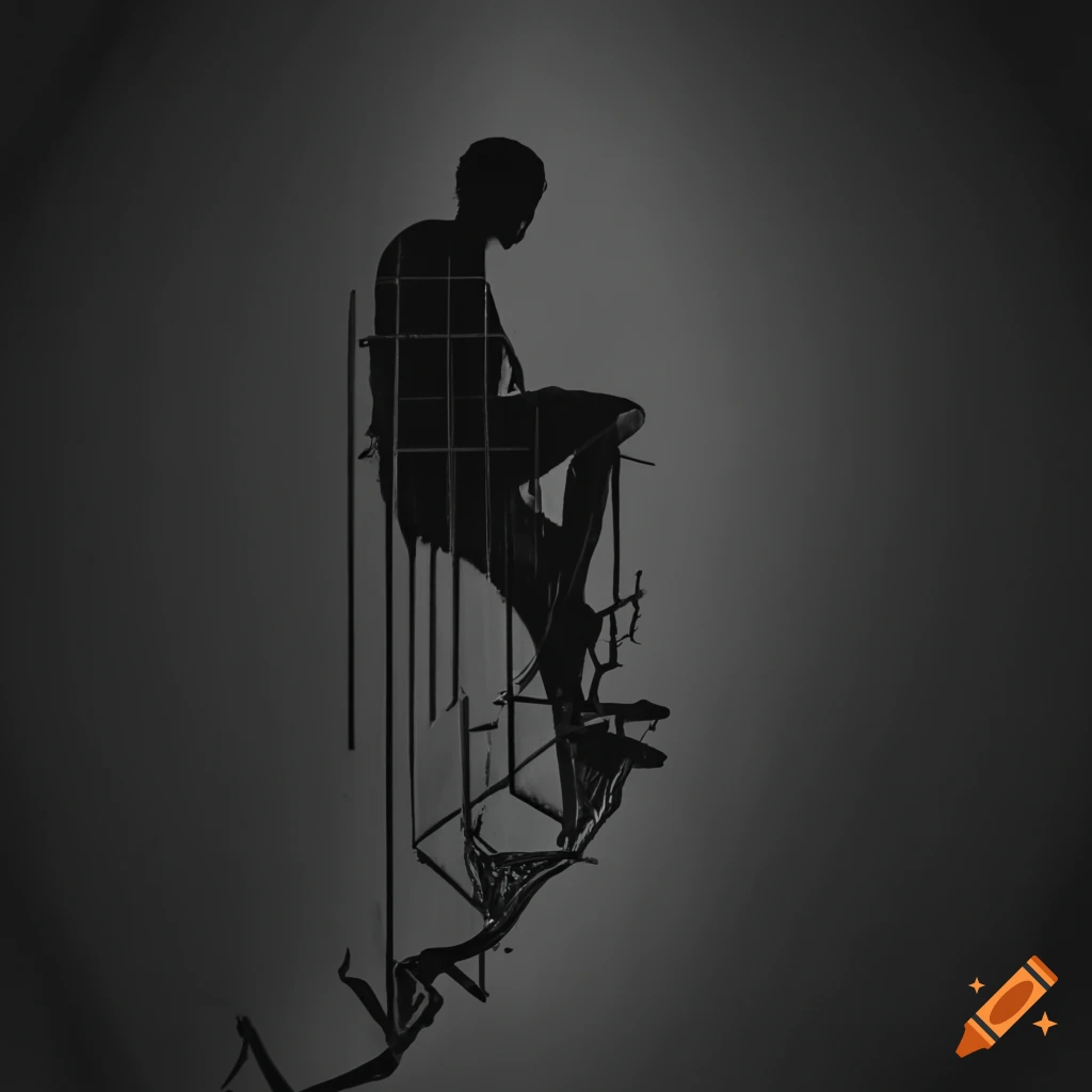 Person climbing a stairway in black and white