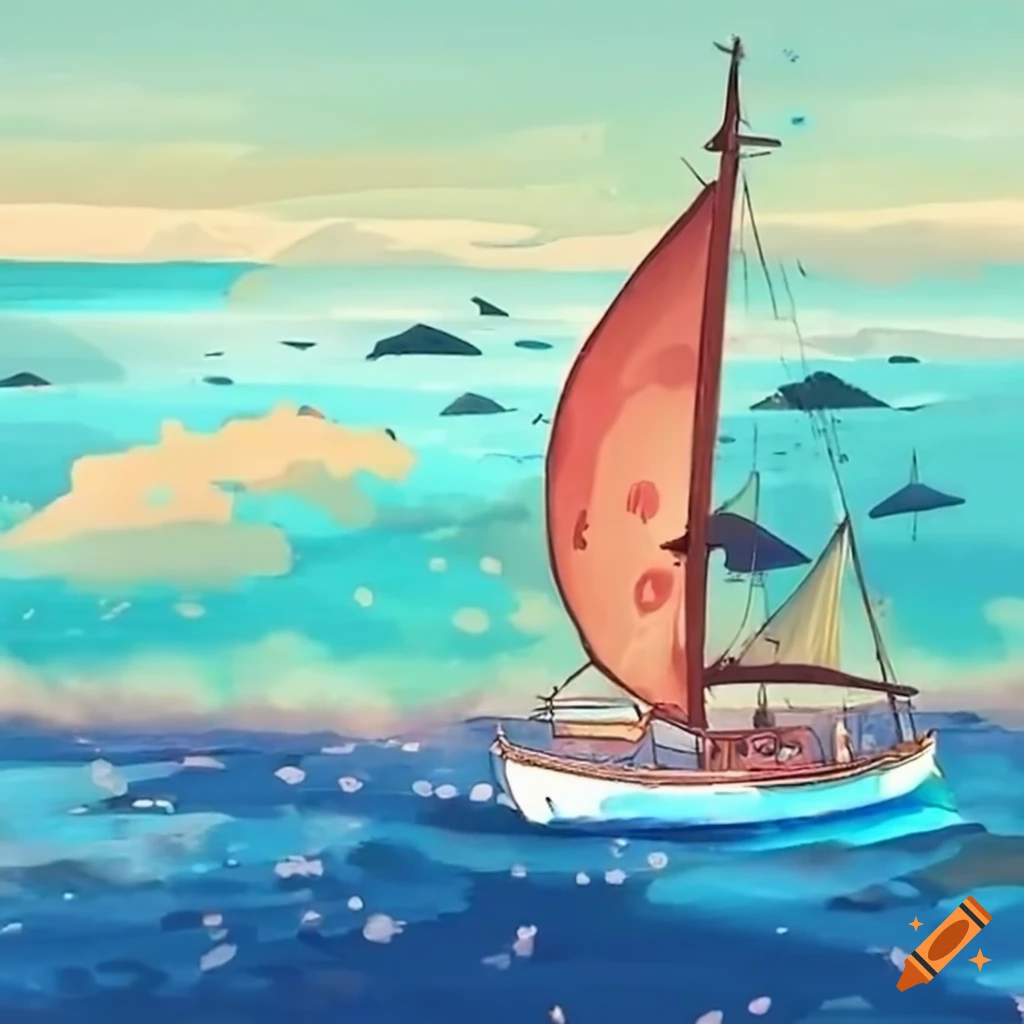 Tiny sail boat on the ocean near a tropical island