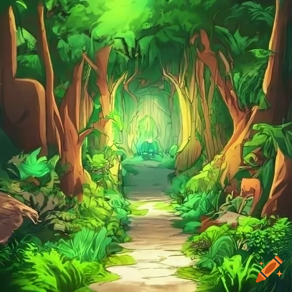 Anime-style jungle walkway leading to a village